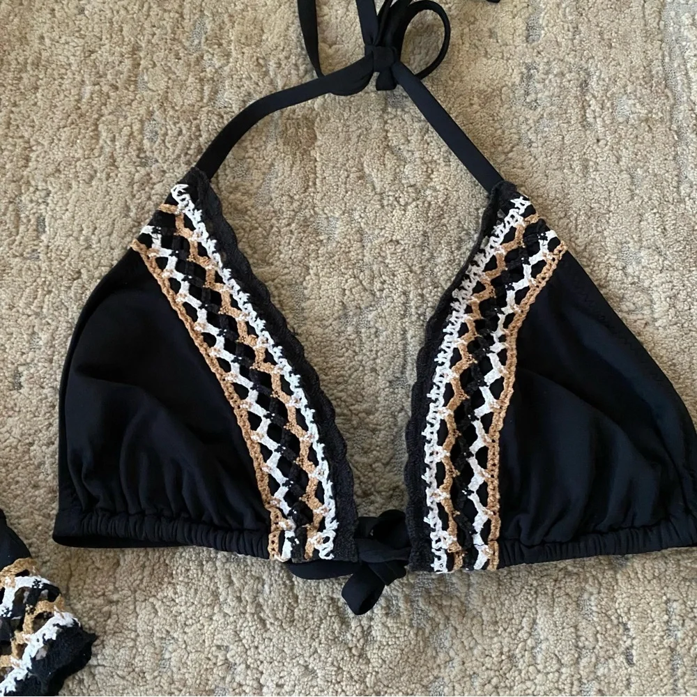 Becca Fiesta Bikini Set Matching 3 Piece Crochet Black Triangle Wireless Bra: L